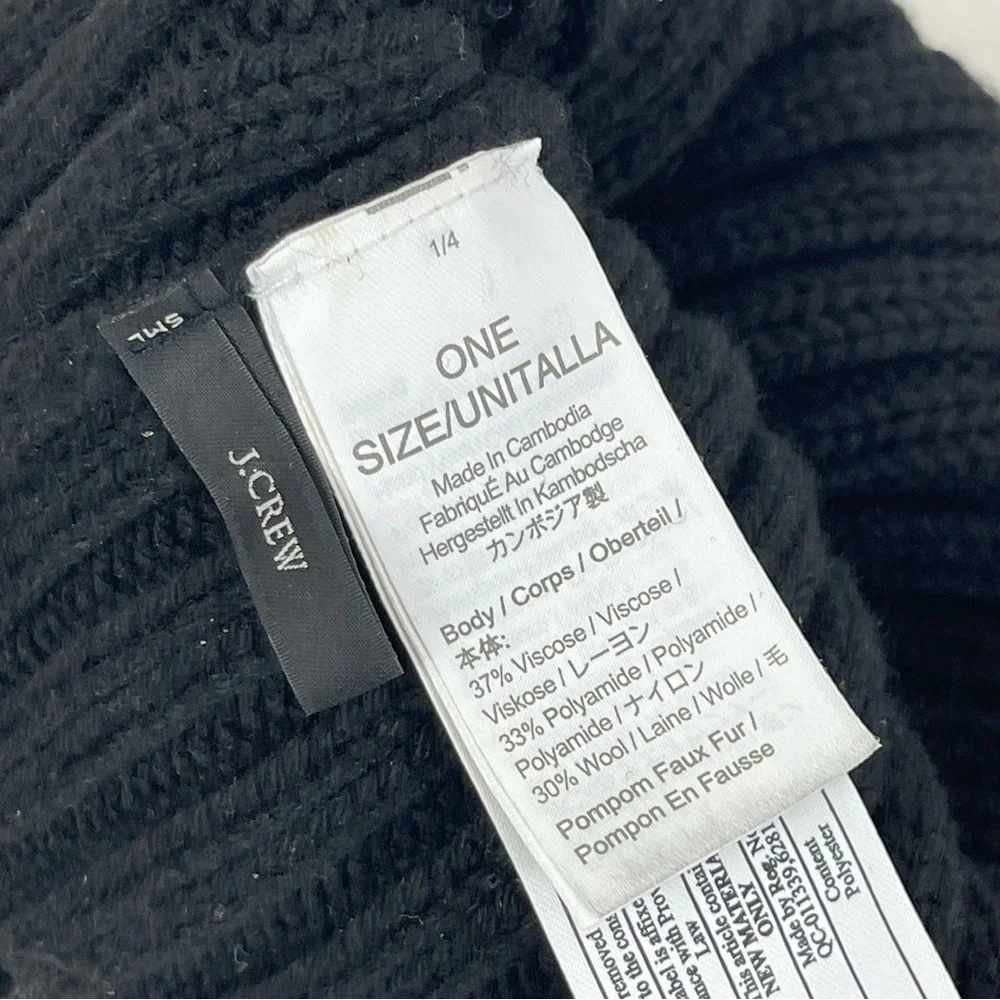 J.Crew Black Knit Beanie Hat Faux Fur Pom One Size OS Ribbed Winter Cold Weather